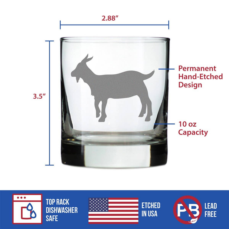 10 oz whiskey rocks glass with permanent hand-etched goat silhouette; 3.5 in height.