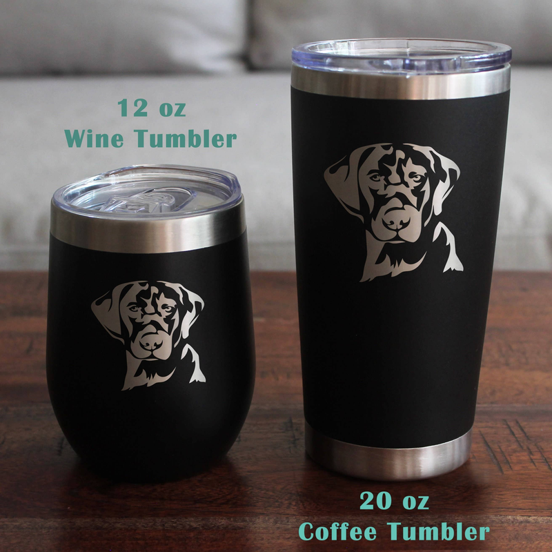 Black insulated tumblers with etched black lab face, 12 oz wine and 20 oz coffee