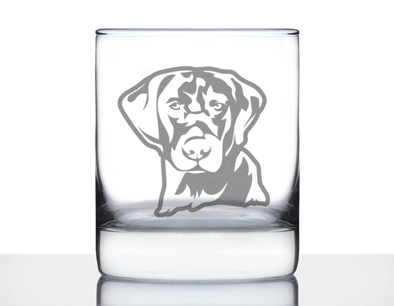 Clear rocks glass with centered grayscale black lab face etching