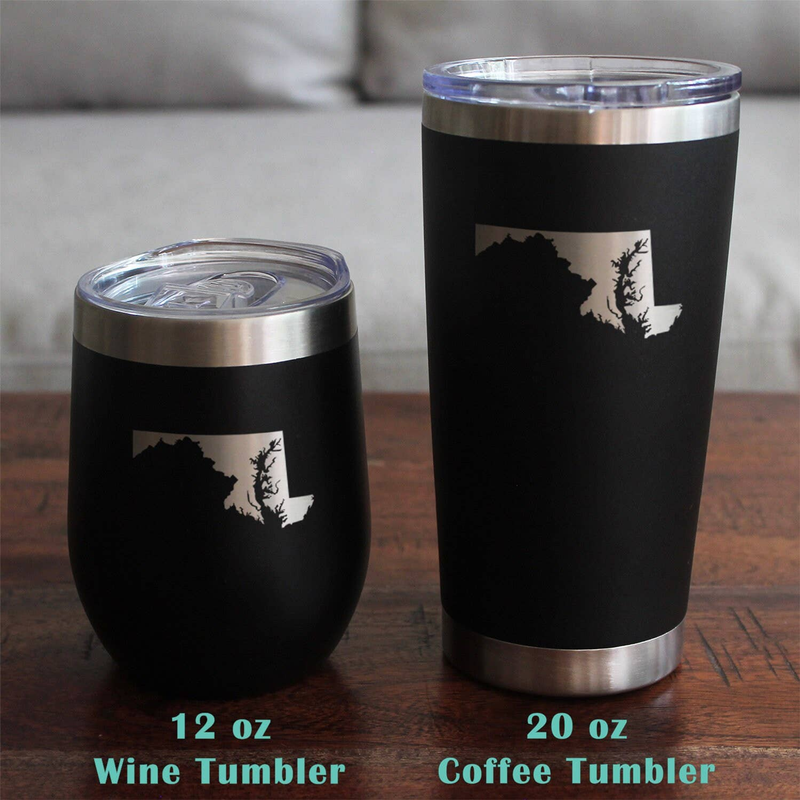 Black insulated tumbler with metal lid and etched Maryland outline