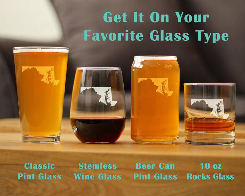 Tall pint beer glass with etched Maryland outline, amber drink shown among other sizes
