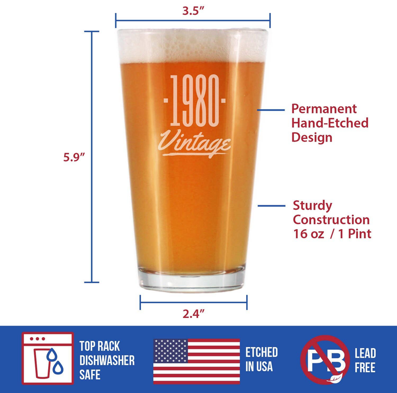 Etched 1980 Vintage pint beer glass with size markings, 16 oz / 1 pint
