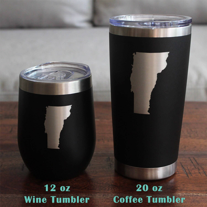 Vermont outline insulated drink tumblers with silver lids, black exterior