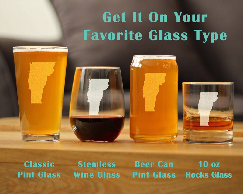 Vermont etched beer-can pint glass with amber beer