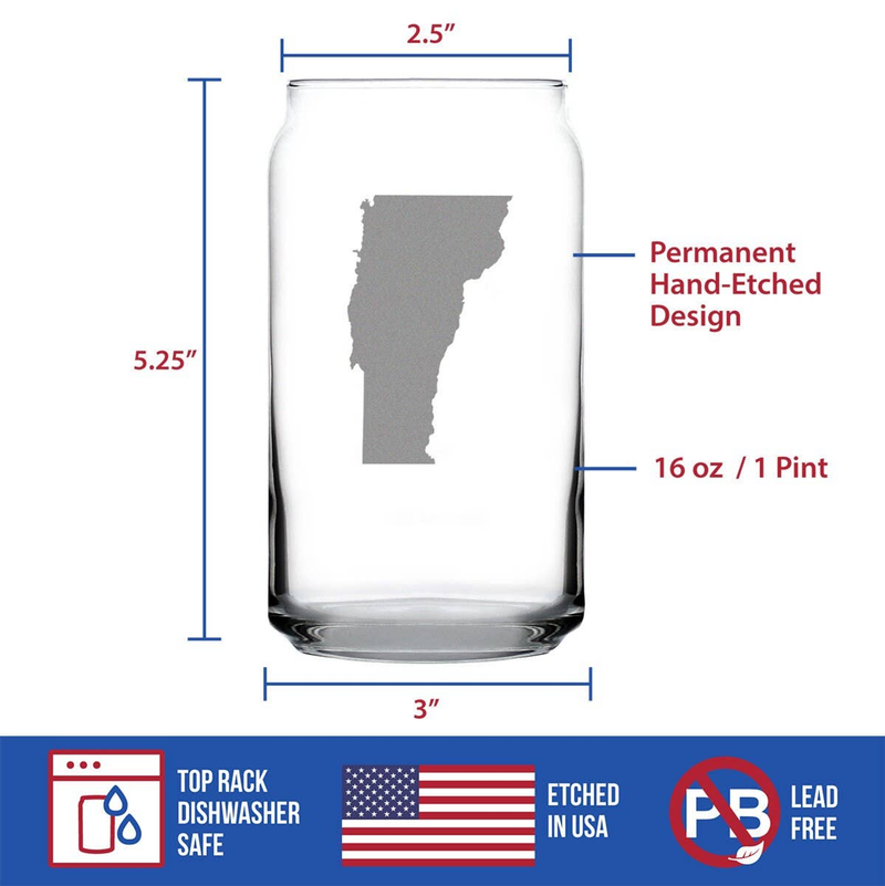 Vermont outline beer-can pint glass diagram, permanent hand-etched design