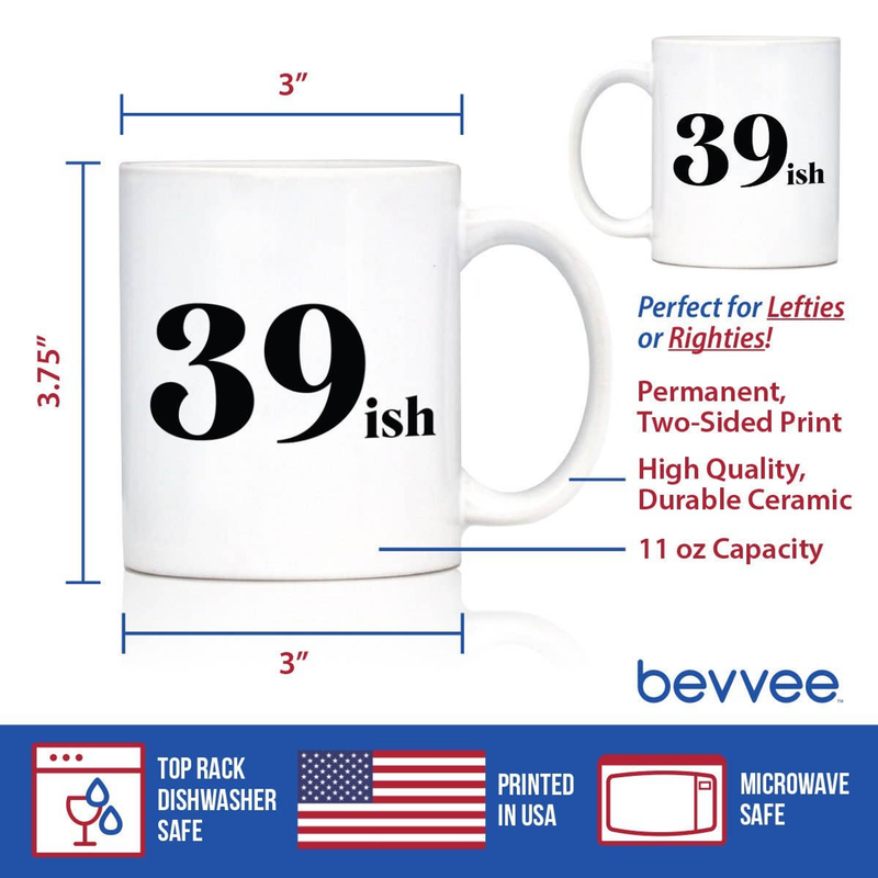 White ceramic mug with '39 ish' text, shown with size and care diagram