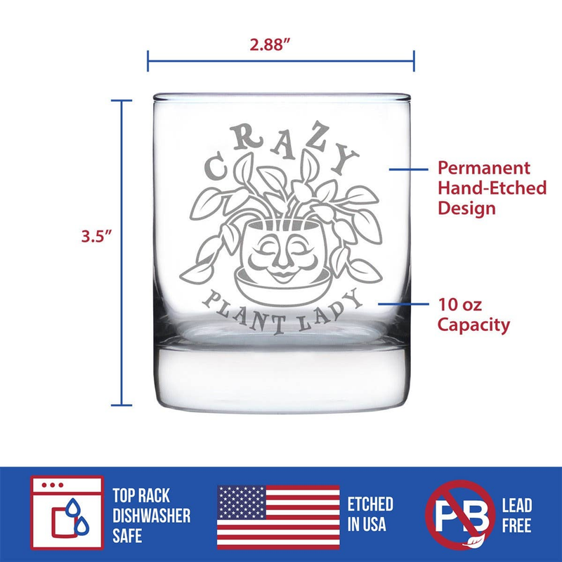 10 oz whiskey rocks glass with permanent hand-etched Crazy Plant Lady design; lead-free.