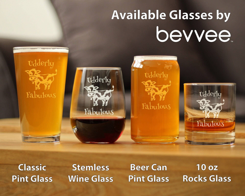 Whiskey rocks glass with cow “Udderly Fabulous” etching, shown in bevee lineup