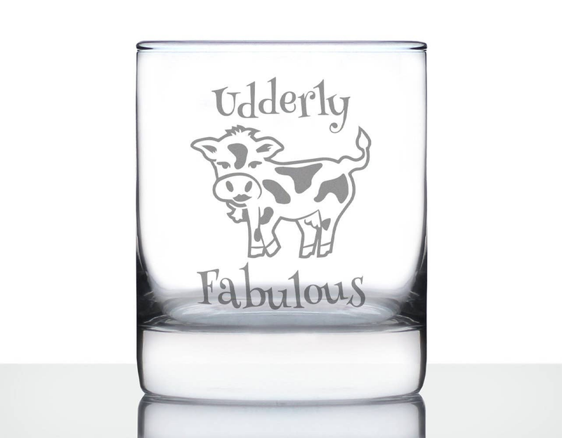 Clear whiskey rocks glass with gray cow “Udderly Fabulous” hand-etched design