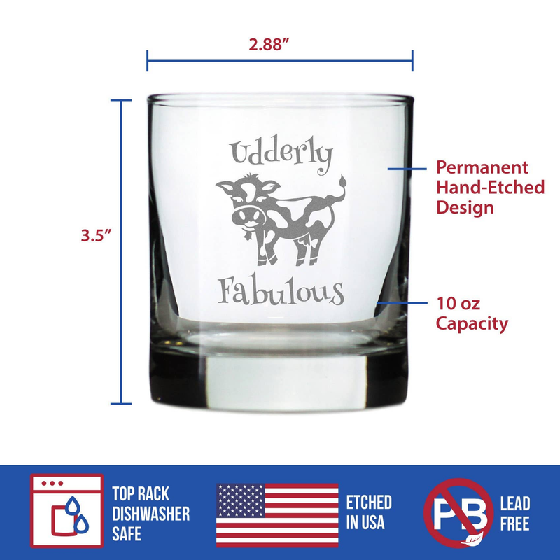 10 oz whiskey rocks glass with permanent hand-etched cow “Udderly Fabulous” design