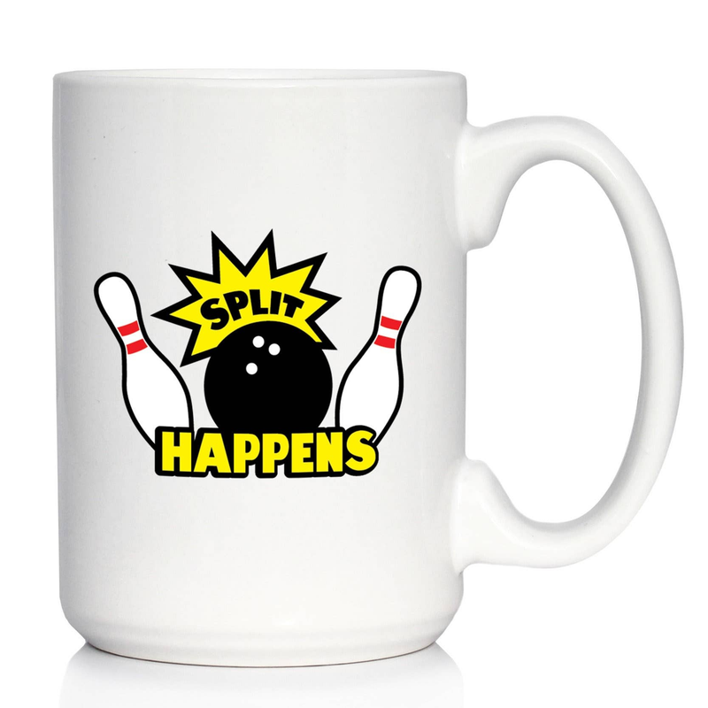 White ceramic coffee mug with centered bowling pin "Split Happens" print and loop handle