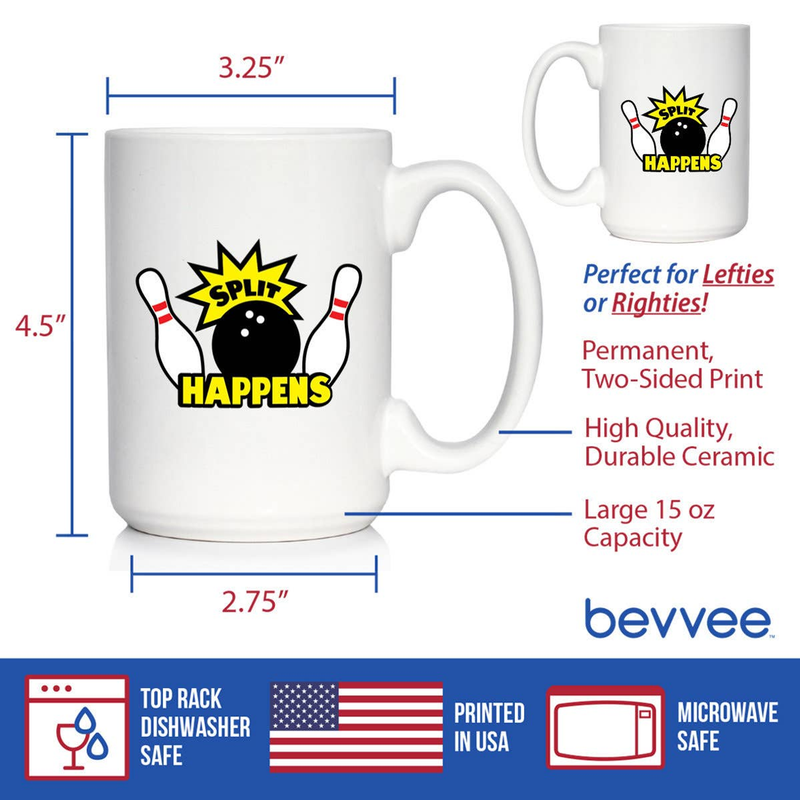 White ceramic coffee mug with "Split Happens" bowling graphic, front view