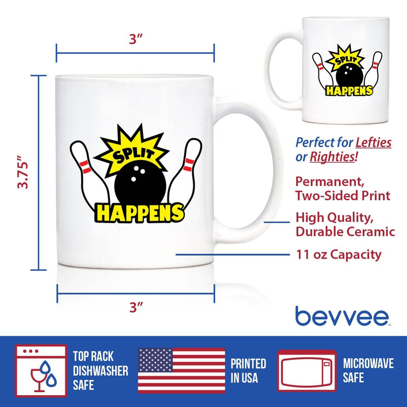 White coffee mug with bowling ball and pins "Split Happens" logo, front view
