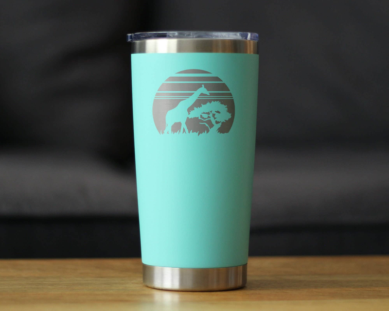 Teal insulated travel tumbler with stainless steel base and giraffe sunset emblem