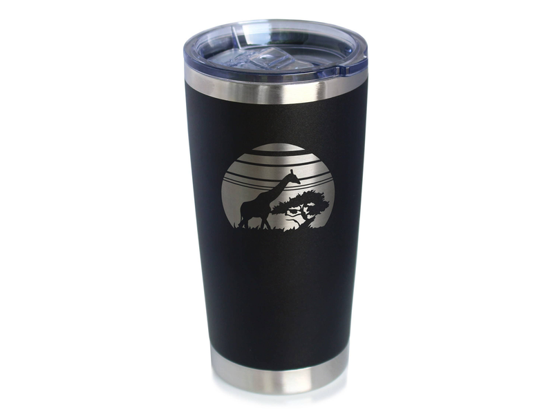 Black insulated travel tumbler with clear sliding lid and giraffe sunset emblem