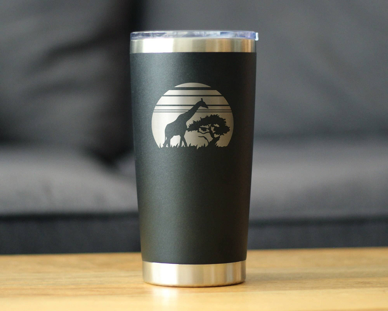 Black insulated travel tumbler with stainless steel base and giraffe sunset emblem