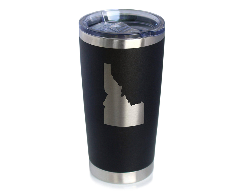 Black insulated tumbler with etched Idaho silhouette and clear sliding lid