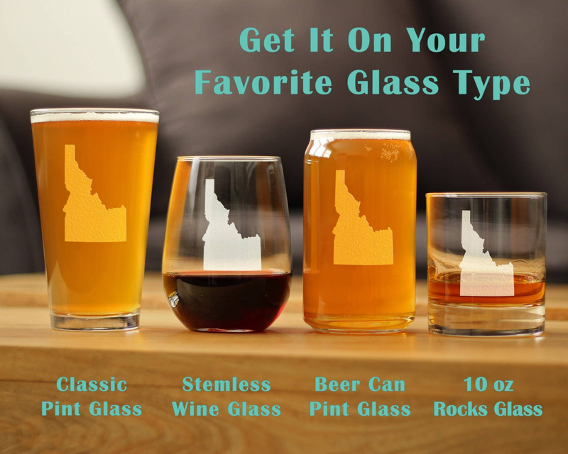 Assorted drink glasses with Idaho silhouette design and clear rims