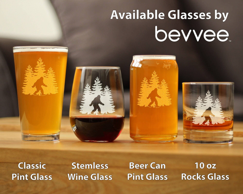 Assorted etched glasses showing Sasquatch silhouette with pine tree design