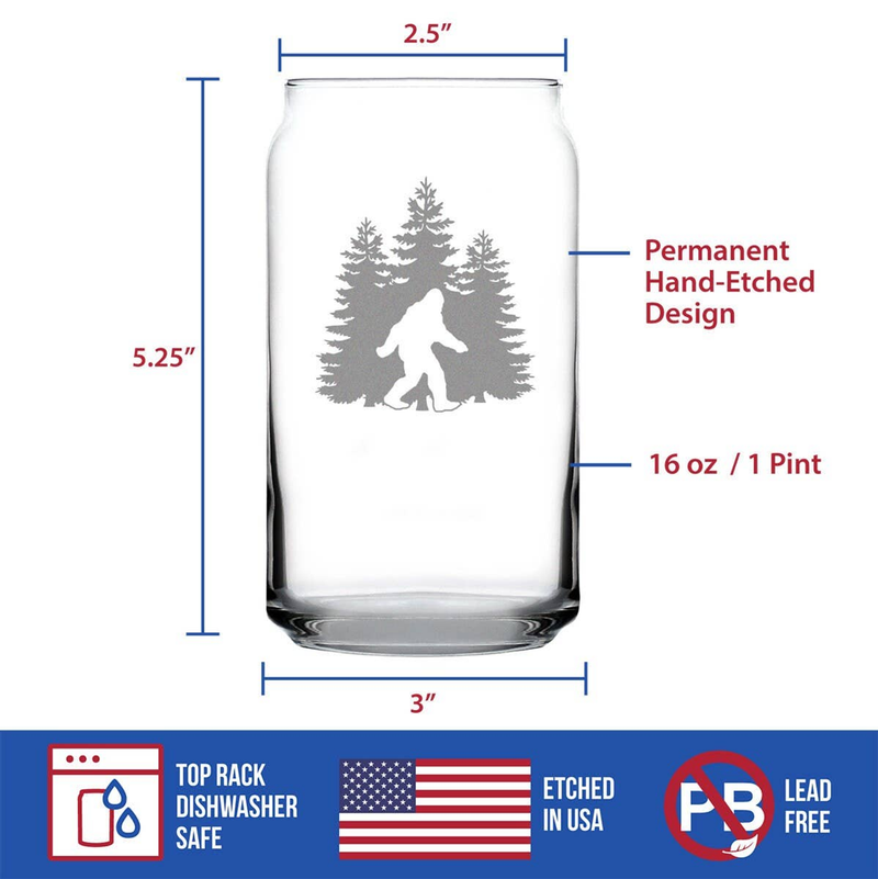 16 oz pint beer can glass with permanent hand-etched Sasquatch and pine tree design