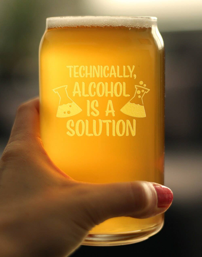 Hand holding beer can pint glass with etched science quote over amber drink