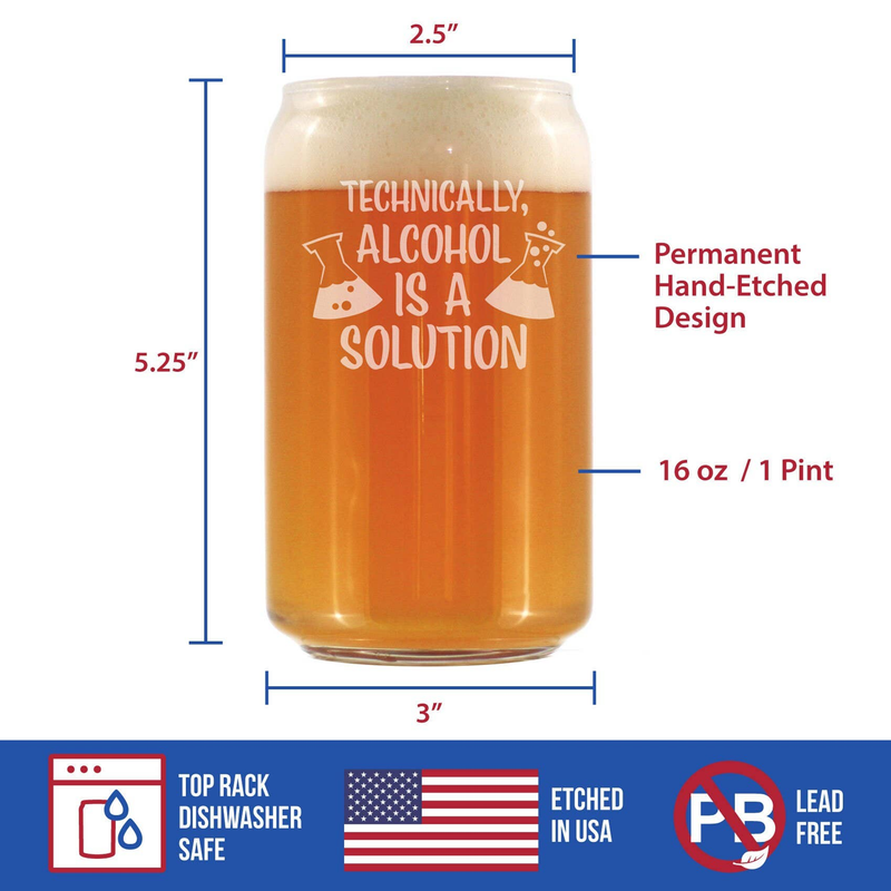 Beer can pint glass size diagram with permanent hand-etched design and 16 oz capacity