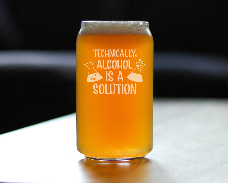 Beer can pint glass with etched science message, filled with amber drink and foam