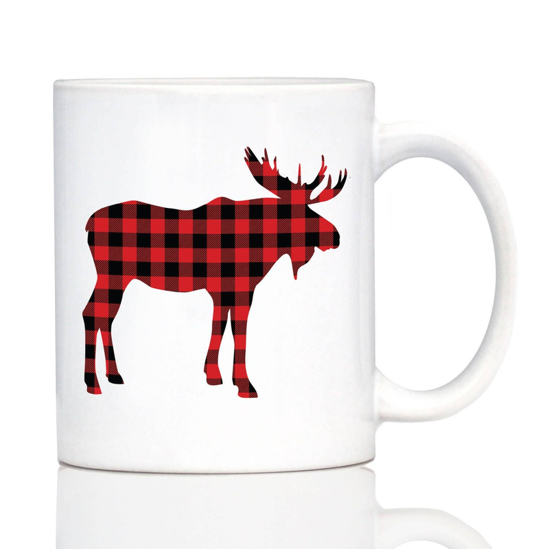 White ceramic coffee mug with red-and-black plaid moose silhouette, angled view