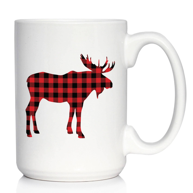 White ceramic coffee mug with red-and-black plaid moose silhouette, front view