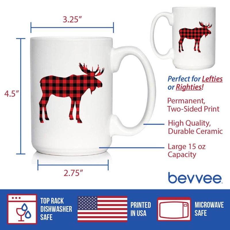 White coffee mug featuring red plaid moose silhouette design