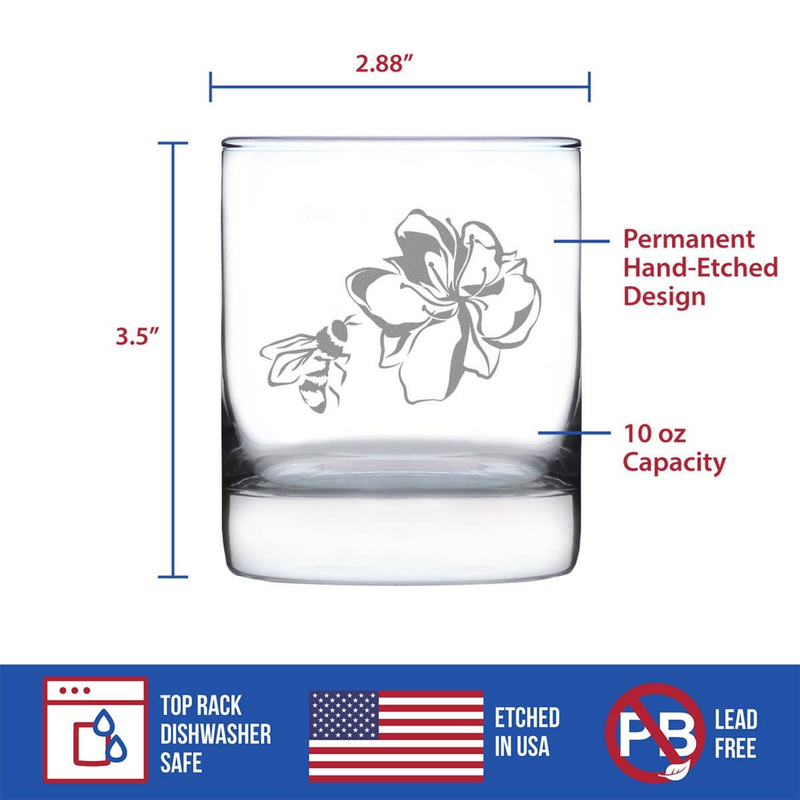 Clear 10 oz whiskey rocks glass with permanent hand-etched flower and bee design