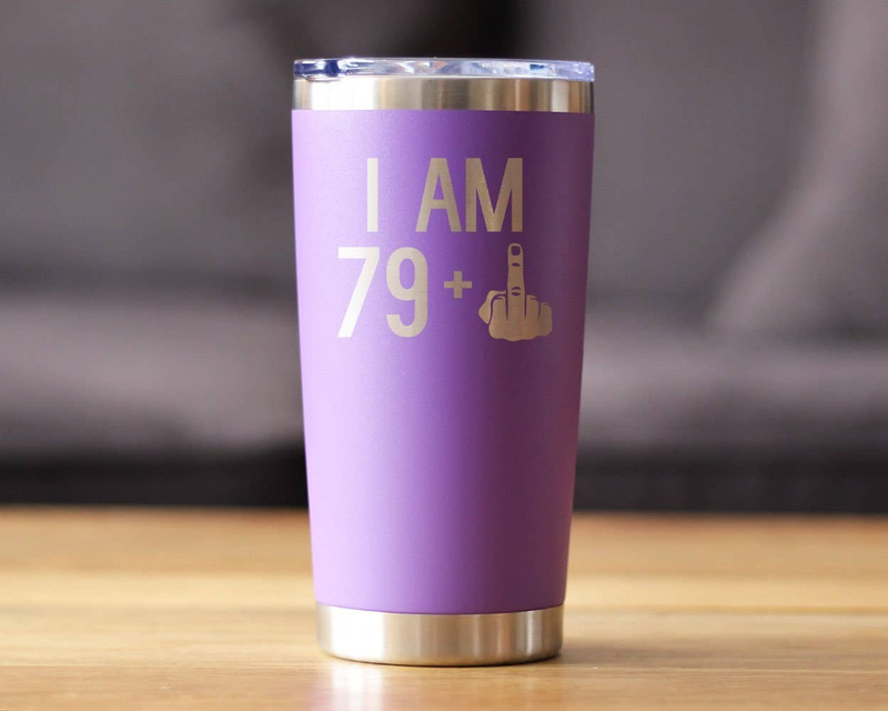 Purple insulated travel tumbler with 'I AM 79+' design and hand icon