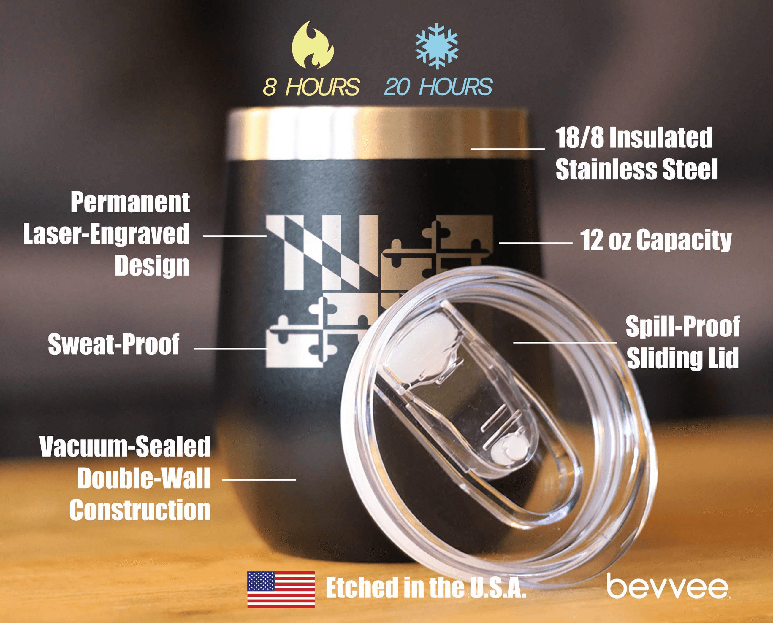 Black insulated wine tumbler with stainless steel rim, clear sliding lid, Maryland design