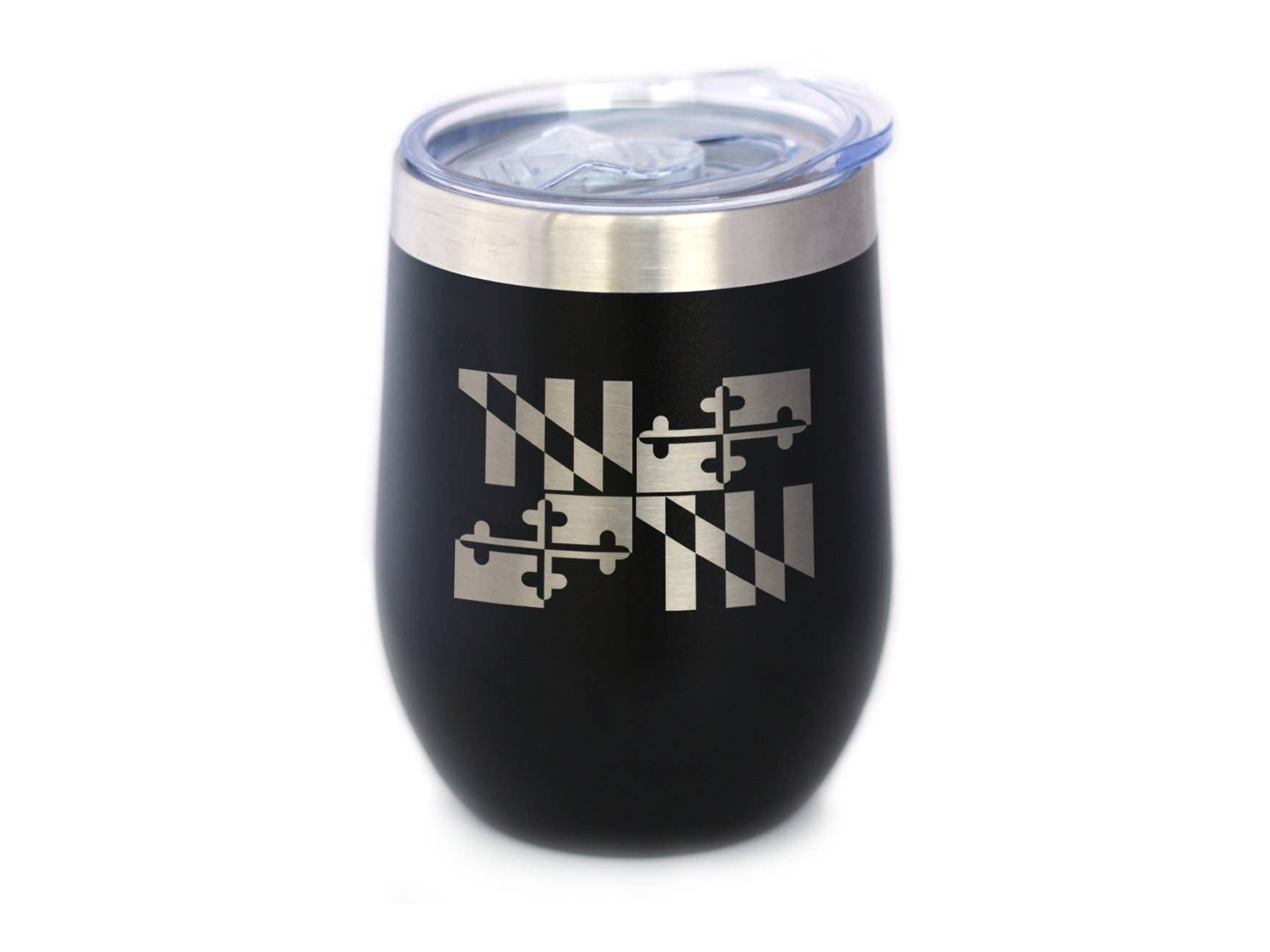 Black insulated wine tumbler with etched Maryland emblem and stainless steel lid