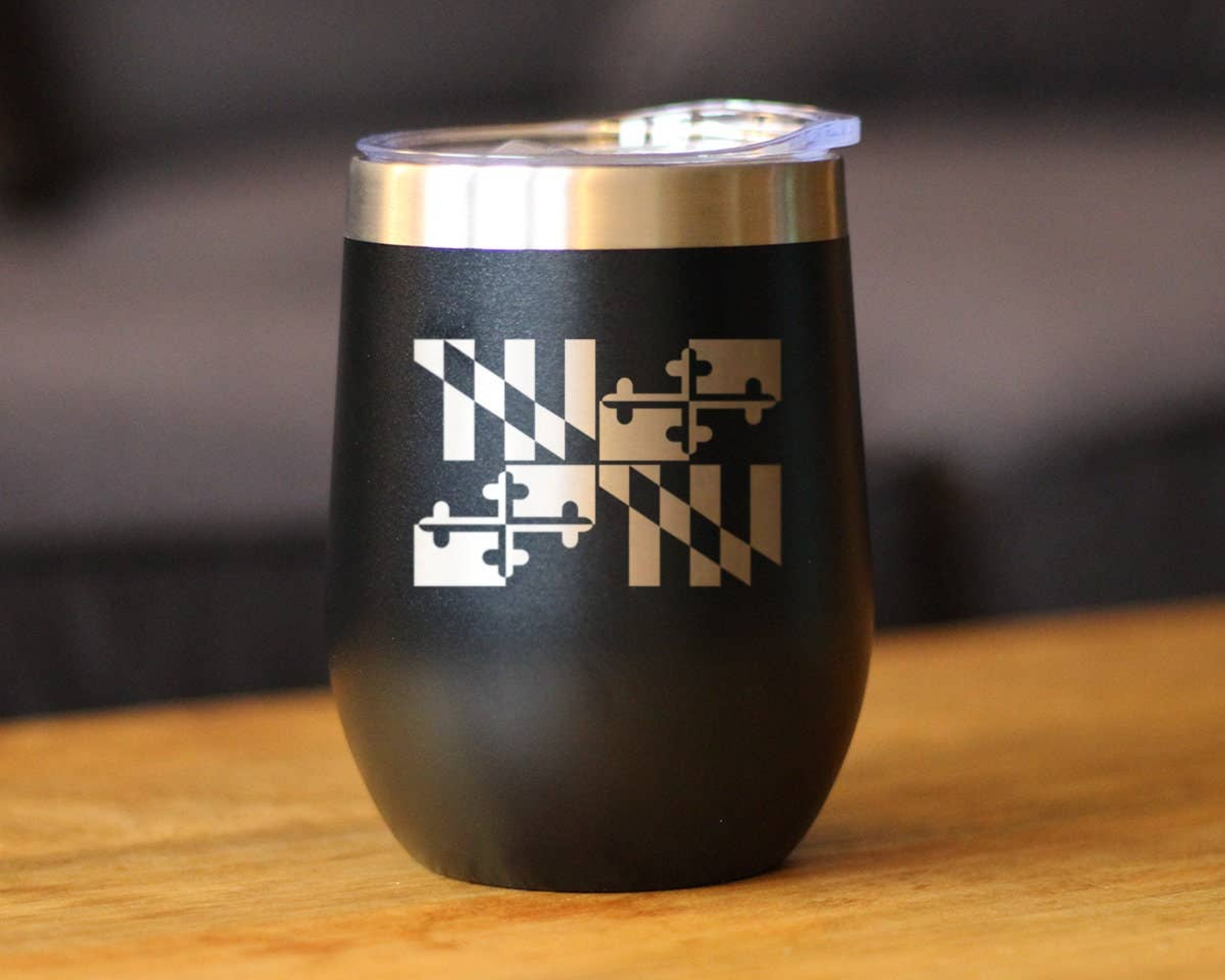 Black insulated wine tumbler with Maryland emblem and stainless steel top
