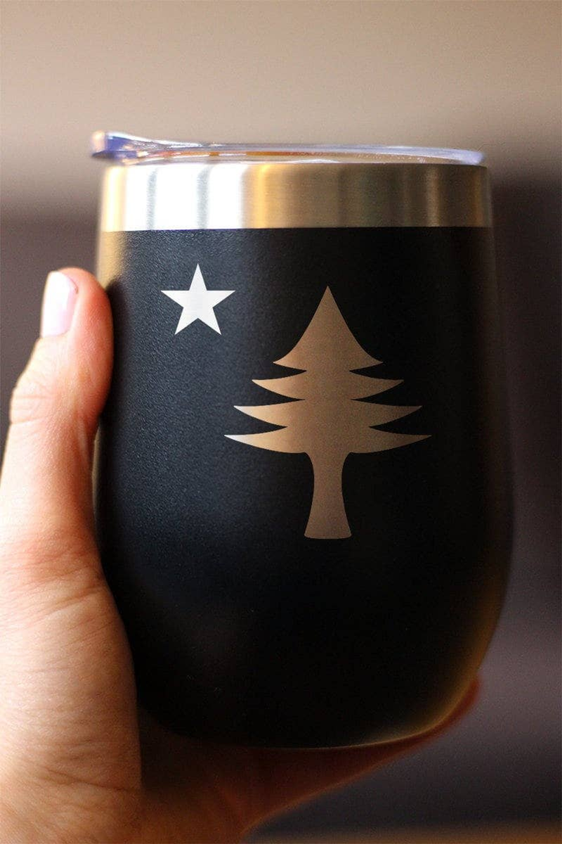 Black insulated wine tumbler with star and pine tree decal, stainless steel lid