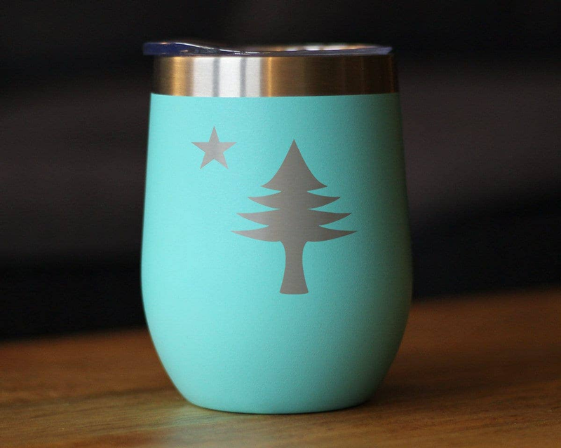 Teal insulated wine tumbler with star and pine tree decal, stainless steel lid