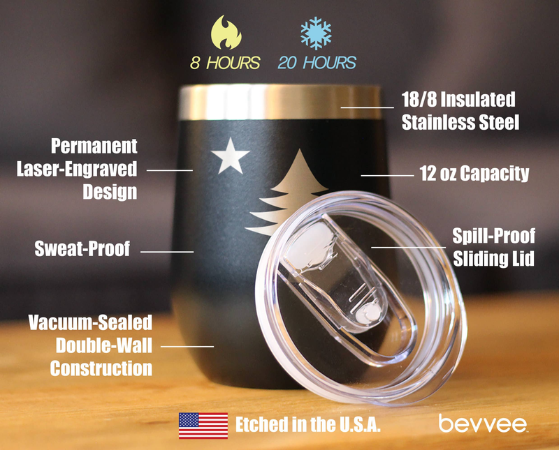 Black insulated wine tumbler with stainless rim and sliding clear lid, star-and-tree design