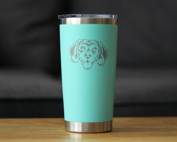 Teal insulated travel tumbler with beagle face decal, clear sliding lid, stainless base.