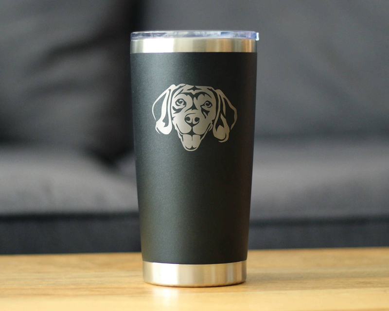 Black insulated travel tumbler with beagle face decal, clear sliding lid, stainless base.