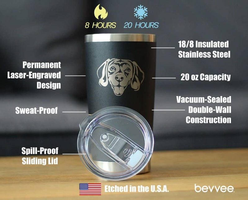 Black insulated travel tumbler with beagle face decal, clear sliding lid, stainless steel.