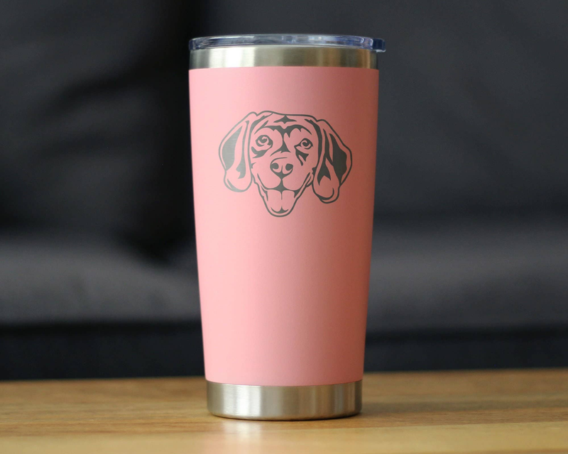 Pink insulated travel tumbler with beagle face decal, clear sliding lid, stainless base.