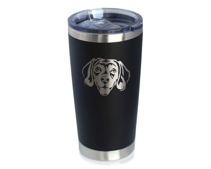 Black insulated travel tumbler with beagle face decal, clear lid, stainless steel base.