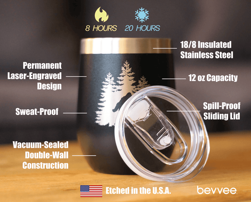 Black insulated wine tumbler with clear sliding lid and laser-etched Bigfoot