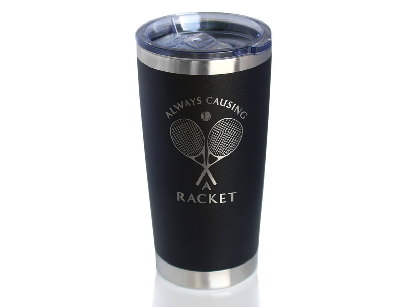 Black insulated travel tumbler with clear lid and tennis racket logo on the front