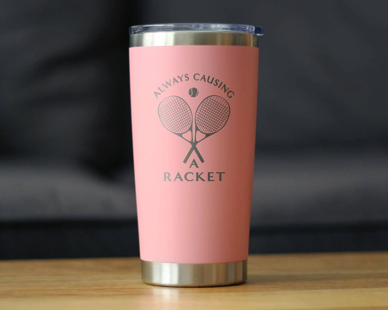 Pink insulated travel tumbler with clear lid, stainless base, and tennis racket logo