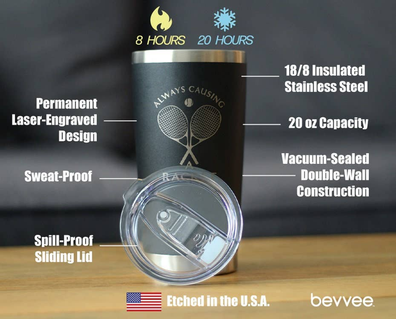 Black insulated travel tumbler with clear sliding lid and tennis racket logo