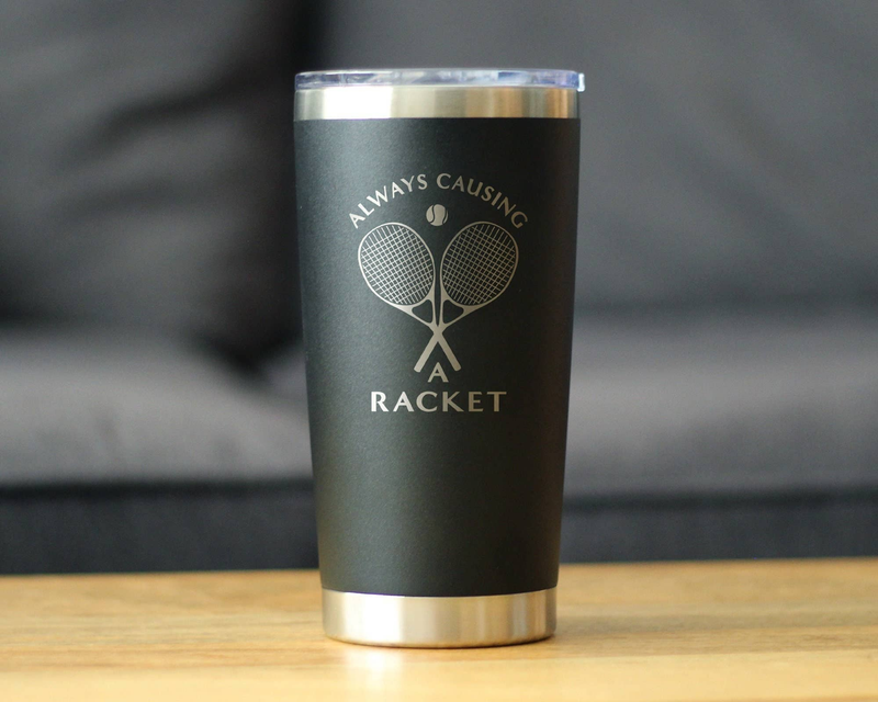 Dark gray insulated travel tumbler with clear lid, stainless base, and tennis racket logo