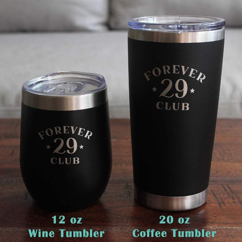 Black insulated drink tumblers with stainless rims and 'FOREVER 29 CLUB' logo