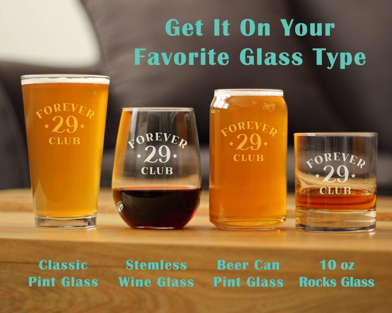 Assorted drinking glasses with 'FOREVER 29 CLUB' printed designs and 'Get it on your' text